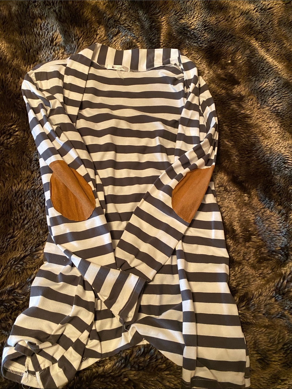 Black and White Striped Crewneck Sweater with Tan Elbow Patches